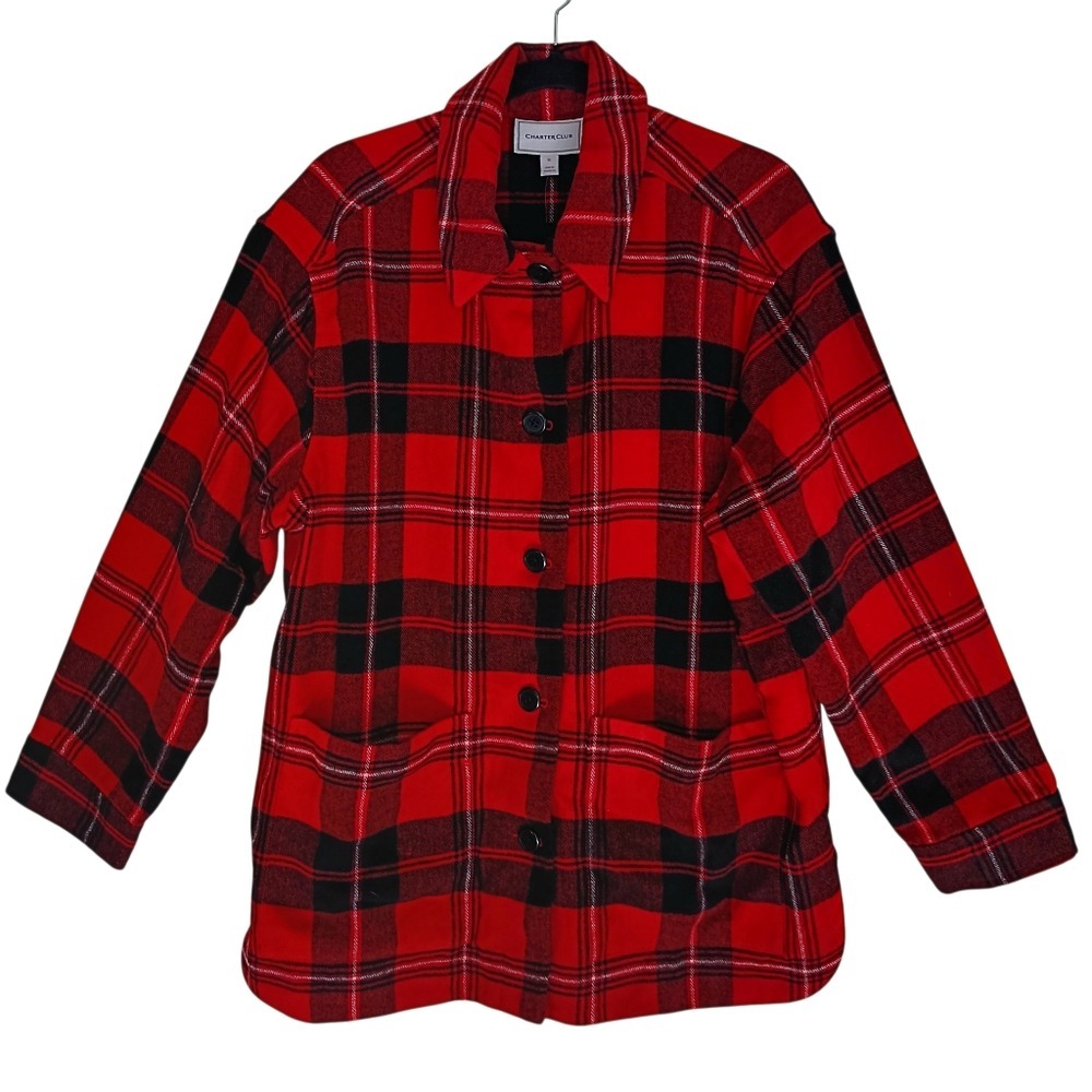Charter Club Plaid Jacket Mens XL Red Black Button Front Shacket 100130449MS